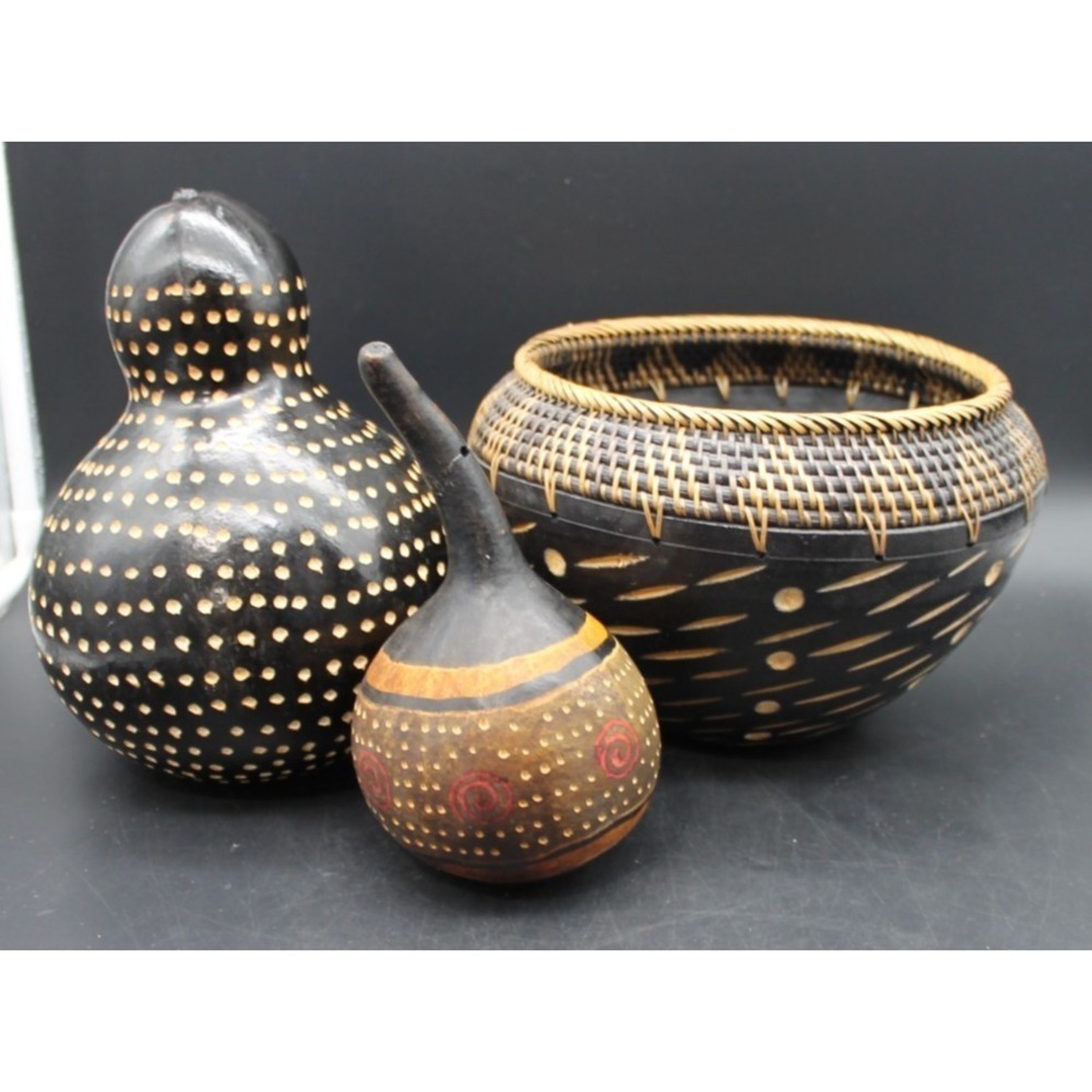 African Gourd Decor Set 3 Hand Painted Burned Calabash + Woven Basket